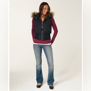 Hollister Puffer Navy Blue Faux Fur Hooded Vest, Size Medium